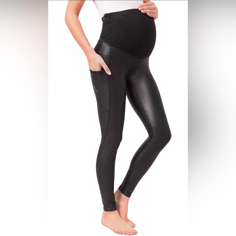 Faux leather Maternity Leggings Over The Belly Pregnancy Pants with Pockets